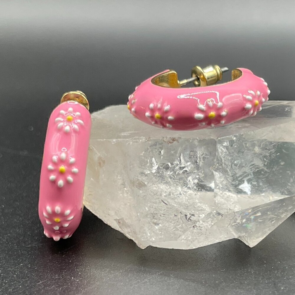 Pink Enamel Huggie Earrings Medium Hoop with Post #1342